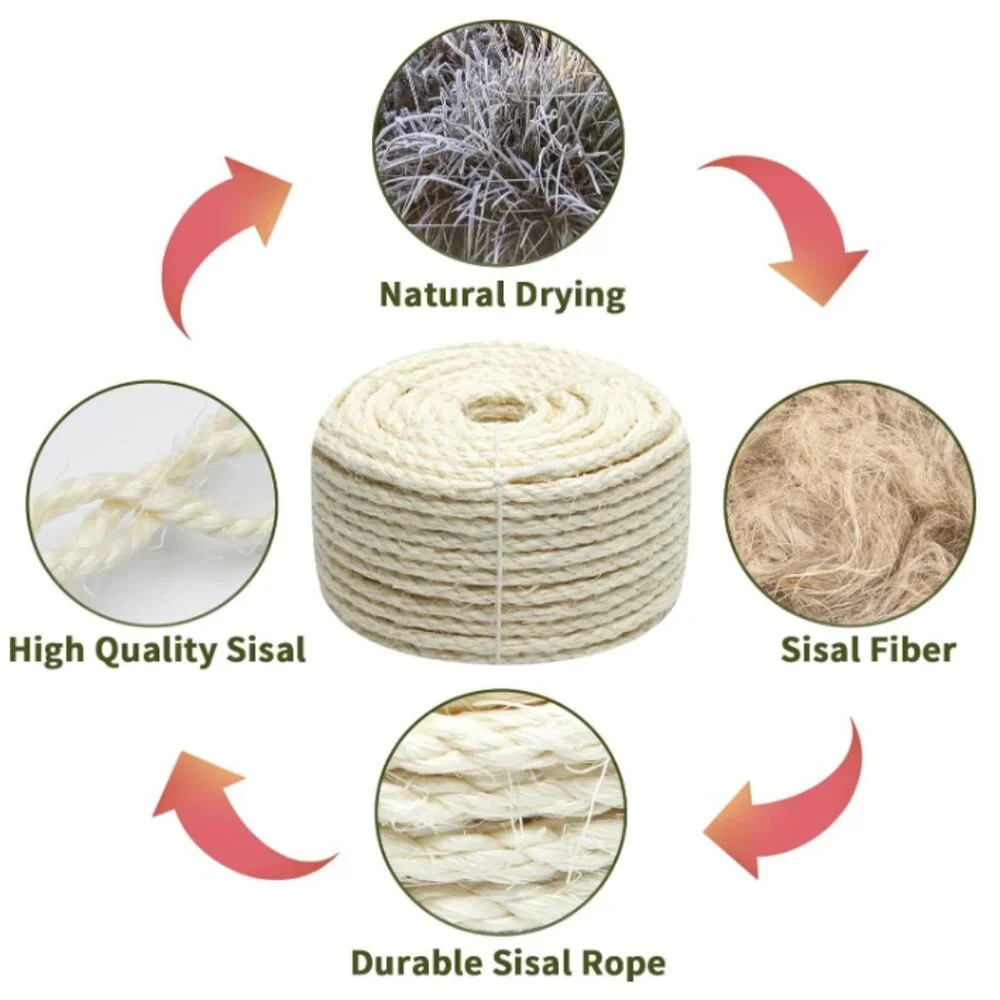 Natural Sisal Rope 8mm 98-Feet for Cat Scratching Post Tree Tower Replacement